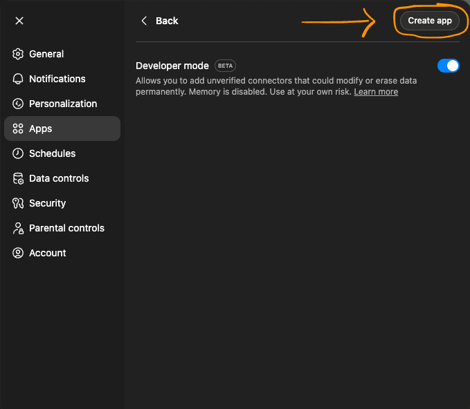 ChatGPT — Advanced settings with Developer mode and Create app