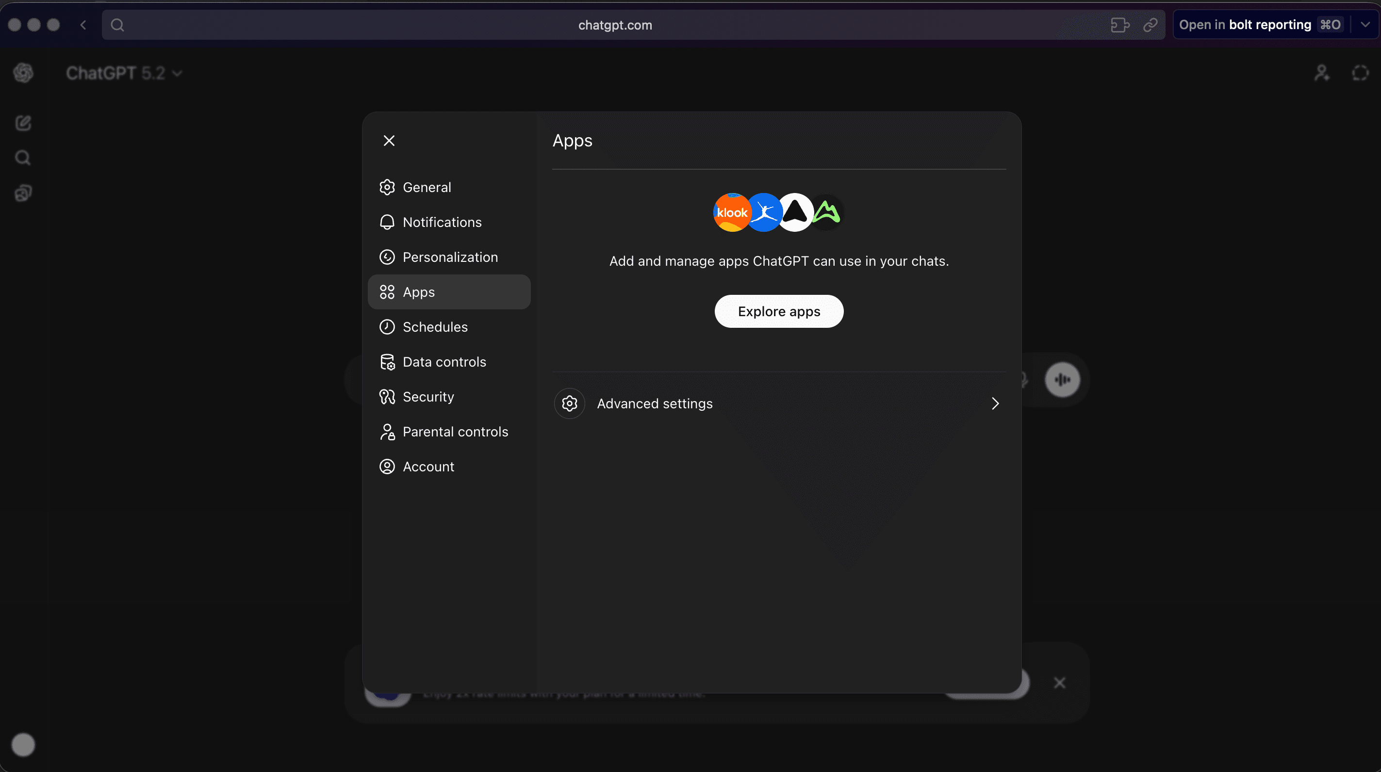 ChatGPT — Settings > Apps