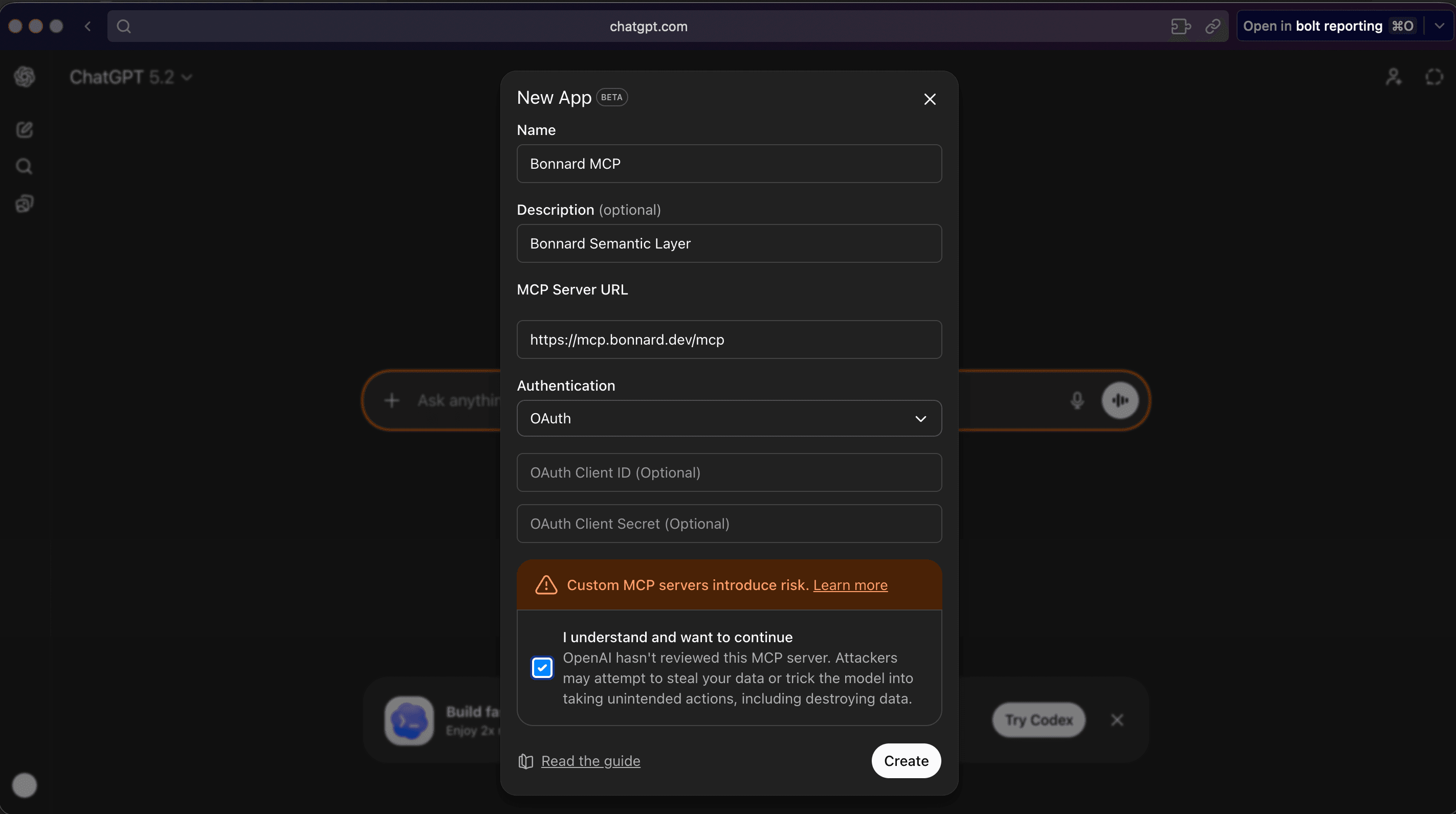 ChatGPT — Create new app with MCP URL