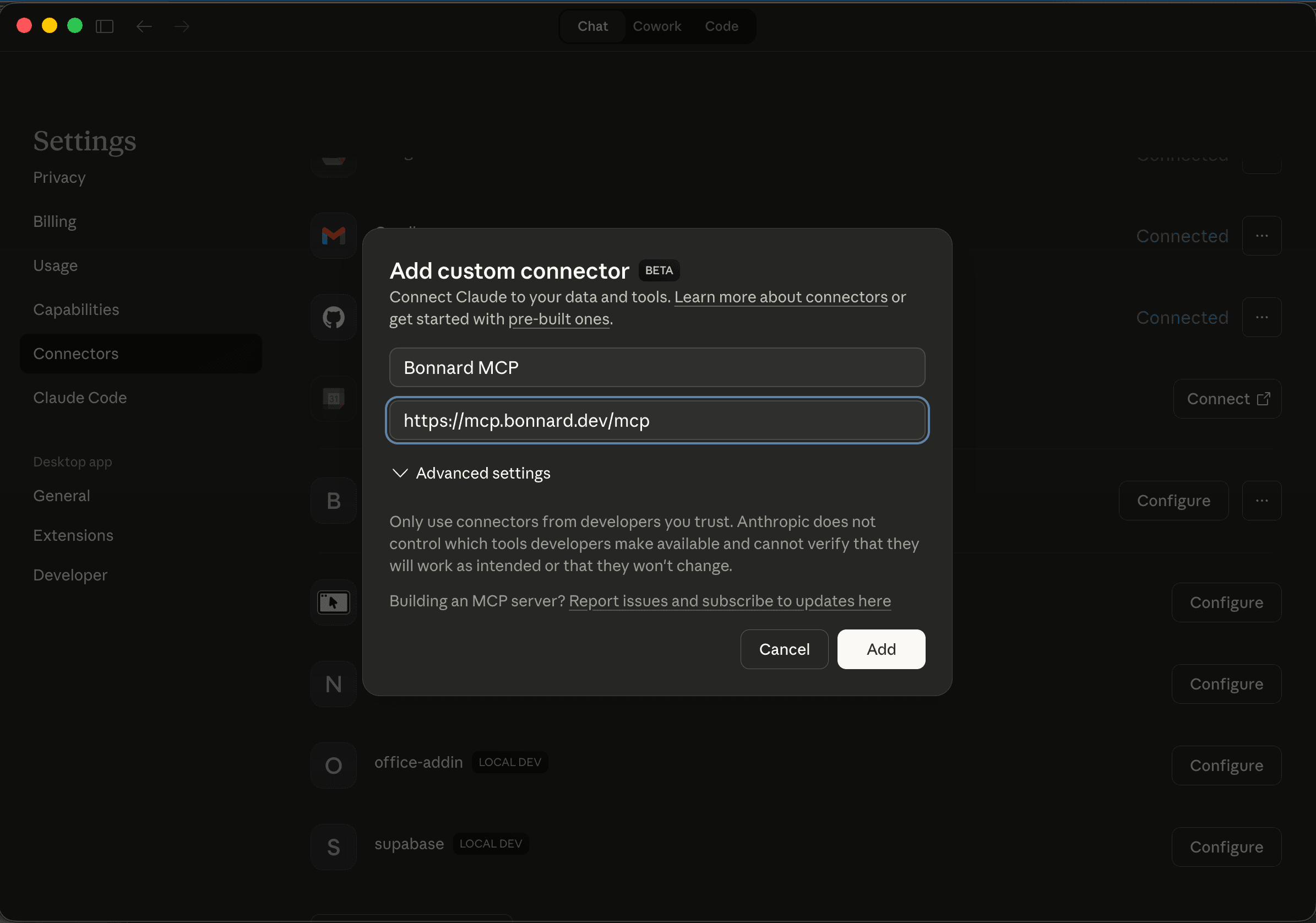 Claude Desktop — Add custom connector dialog