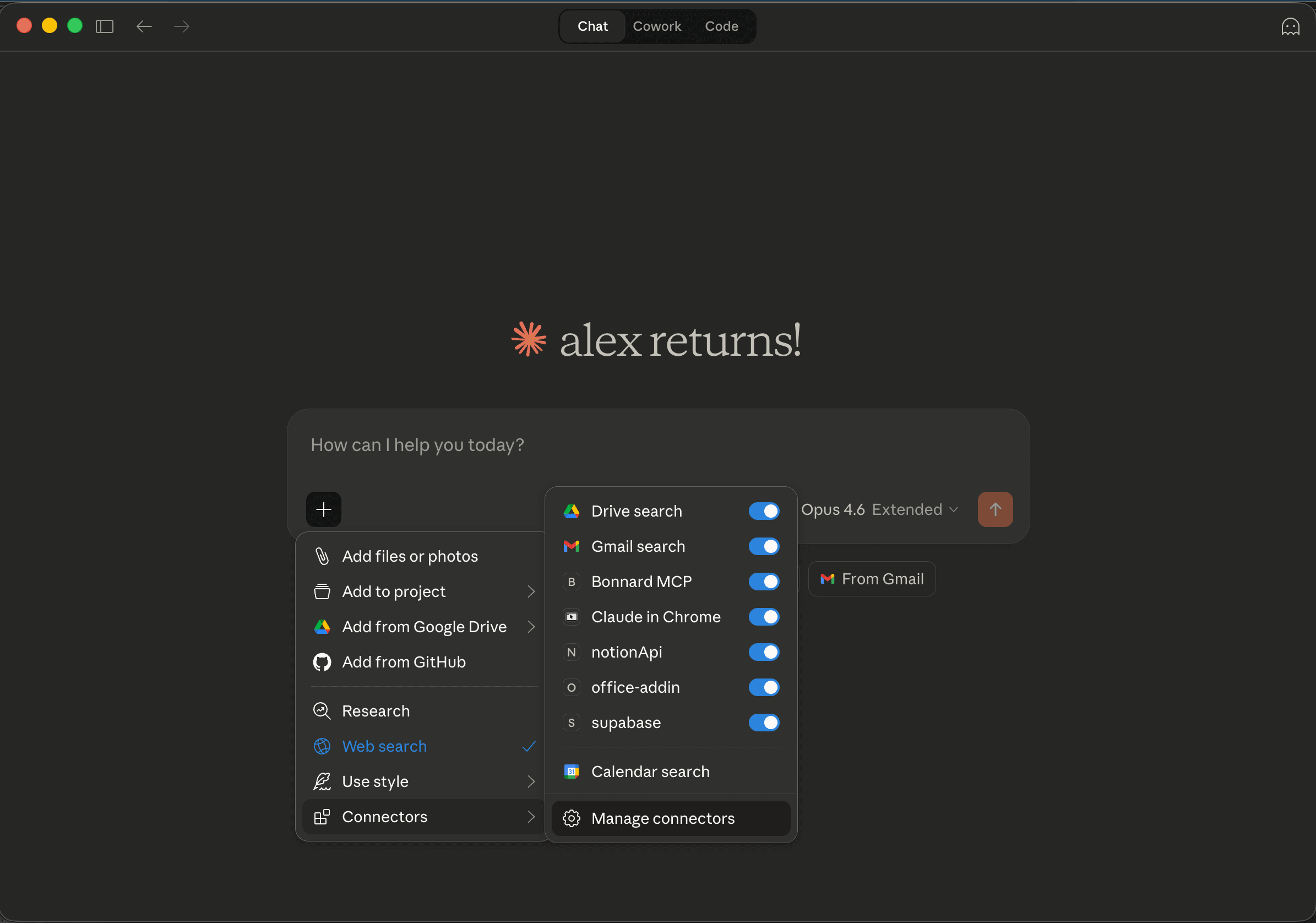 Claude Desktop — Connectors menu in chat