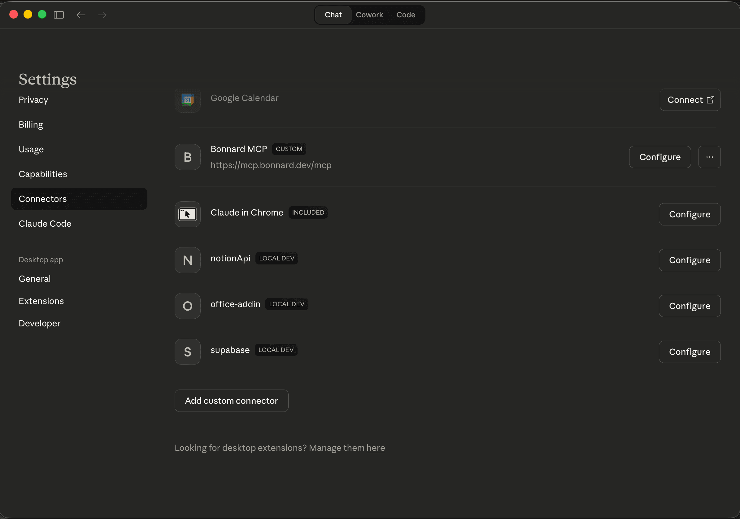 Claude Desktop — Settings > Connectors